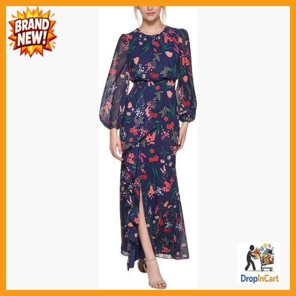 Balloon Sleeve Maxi Dress Elegant Wrap Front Slit Floral Spring Summer